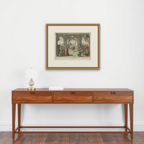 Joseph and Pharaoh, Antique Vue d’Optique by Probst, c.1770, shown framed on a wall, true to size