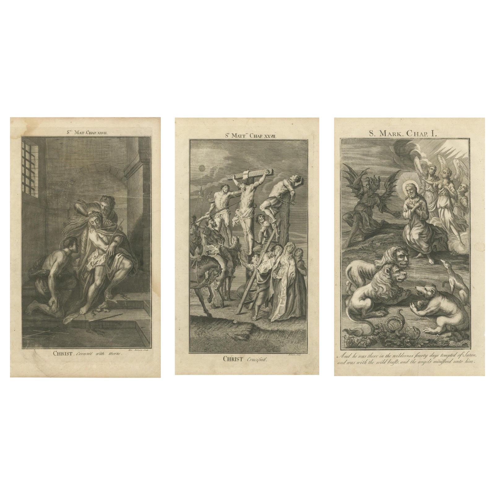 Biblical Engravings, Christ Crowned, Crucified & Tempted in the Wilderness 1735