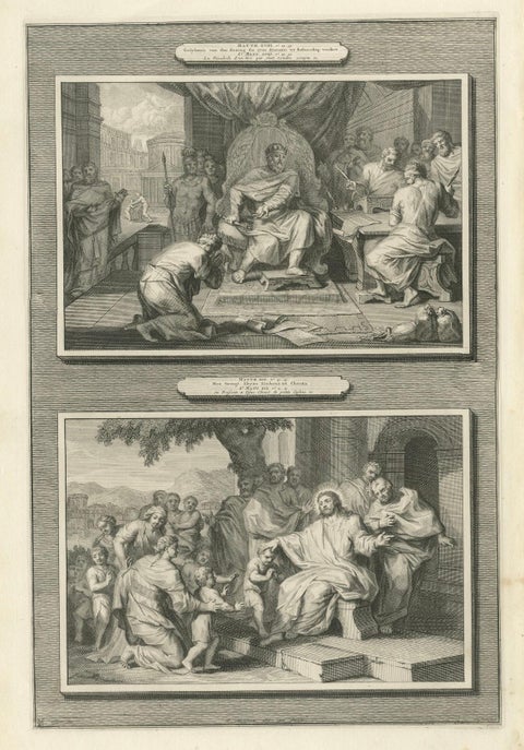 Biblical Engravings, The Unforgiving Servant & Christ Blessing Children, c.1700, close-up 1