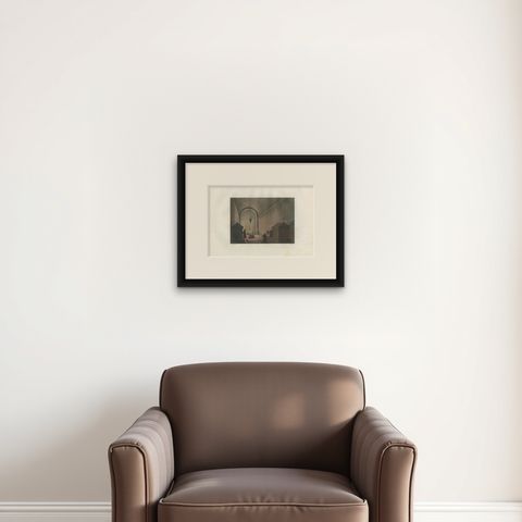 Antique Print of the Interior of the Chapel of Mount Calvary by Ferrario '1831', shown framed on a wall, true to size
