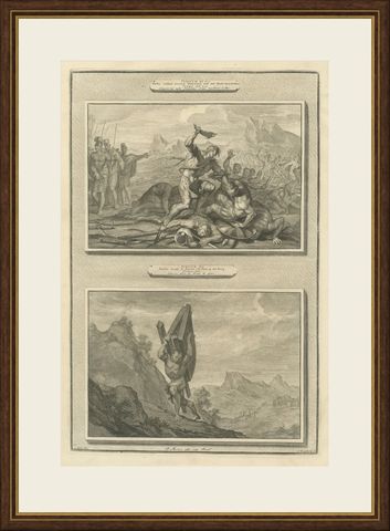 Samson with the Jawbone and Samson Carries the Gates of Gaza, Mortier circa 1700, shown framed