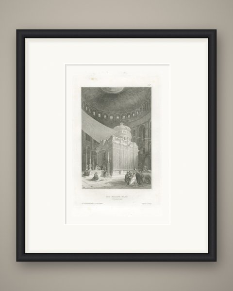 Antique Interior View of the Holy Sepulchre, Jerusalem, Engraving, circa 1850, shown framed