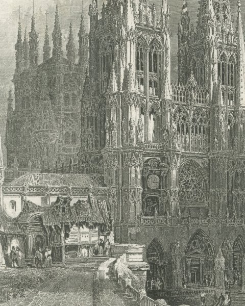 Antique Architectural View of Burgos Cathedral in Spain, circa 1850, close-up 1