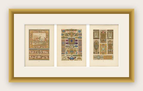 Set of Three Renaissance Religious Ornament Chromolithographs by Racinet, 1873, shown framed