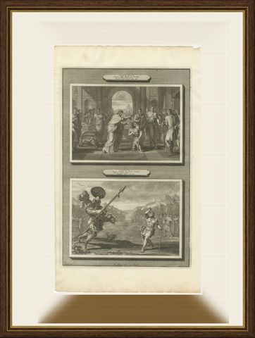 Samuel Anoints David and David Slays Goliath, Mortier Bible circa 1700, shown framed