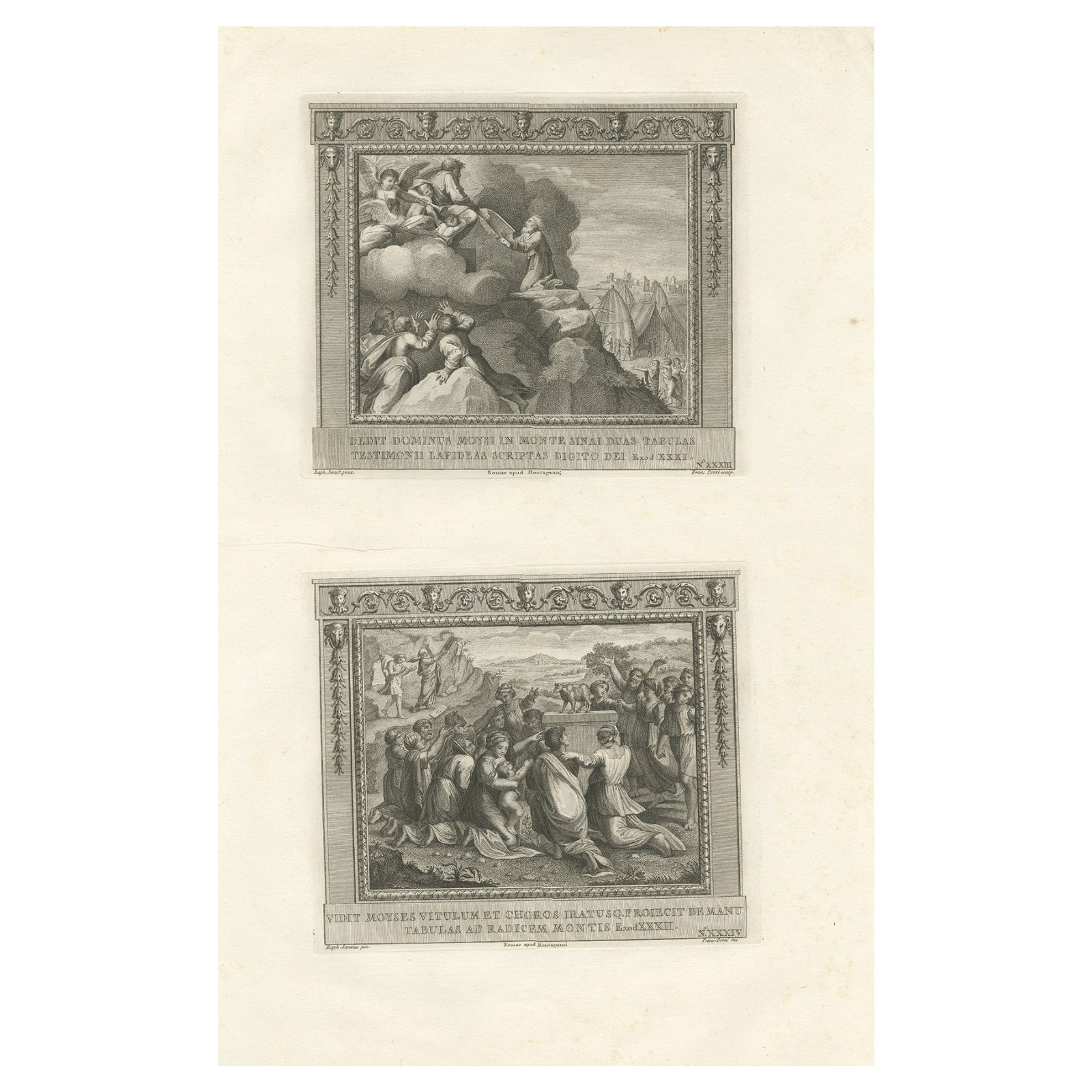 Antique Religion Print of Moses on Mount Sinai Receiving the Stone Tablets
