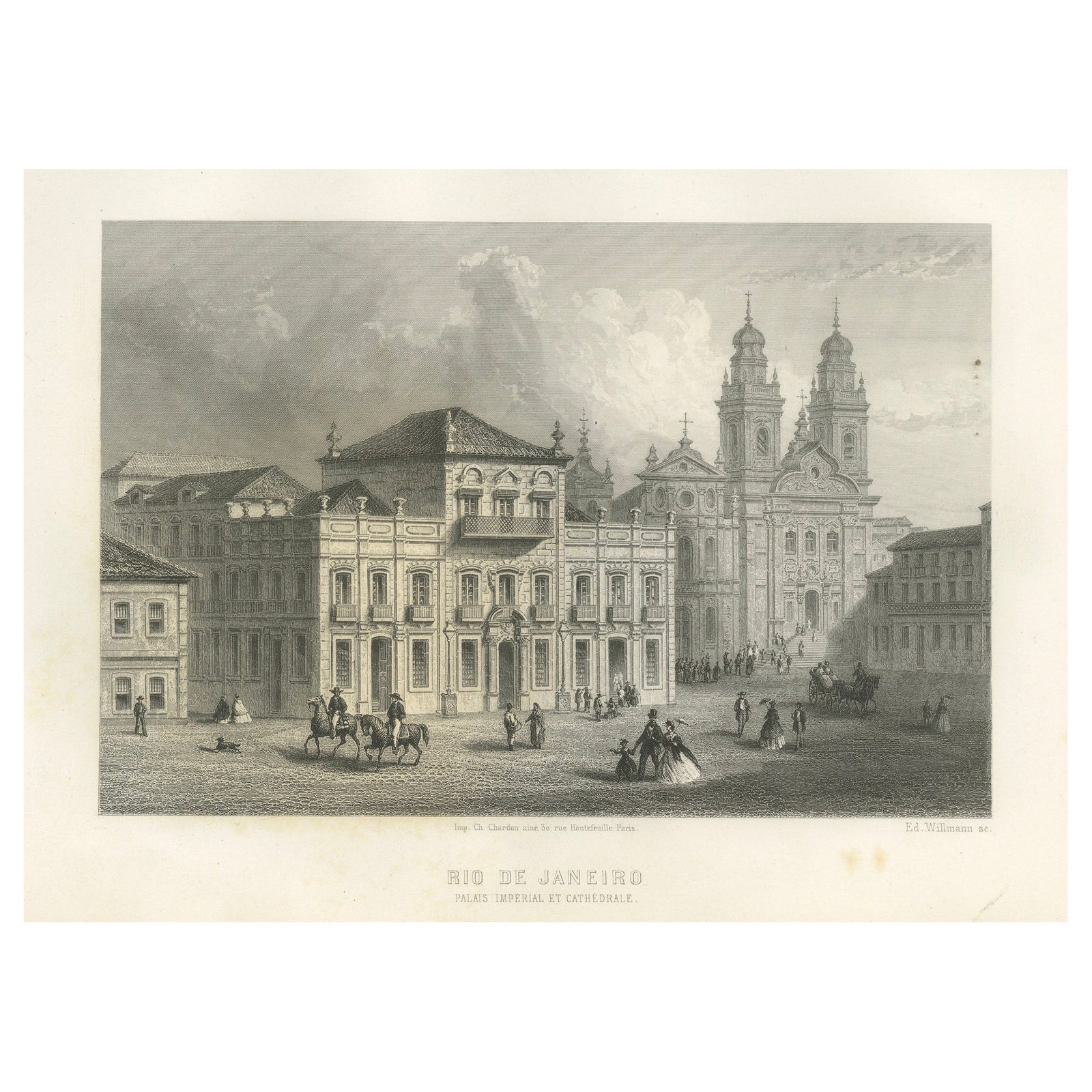 Antique Engraving of Rio de Janeiro, Imperial Palace and Cathedral, c.1867