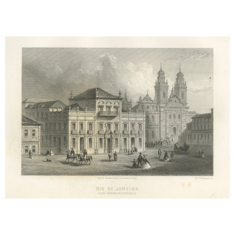 Antique Engraving of Rio de Janeiro, Imperial Palace and Cathedral, c.1867