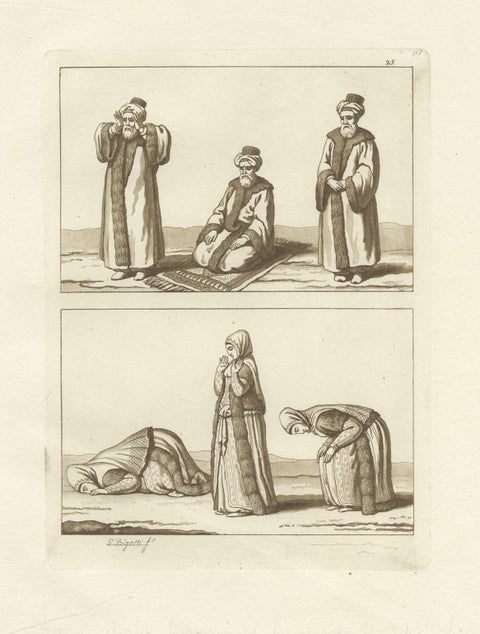 Original Antique Print of Arab Men and Women Praying Towards Mecca, 1827, close-up 1