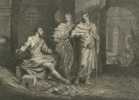 John the Baptist in Prison & Fall of the Tower of Siloam, Pieter Mortier, c.1700, close-up 5