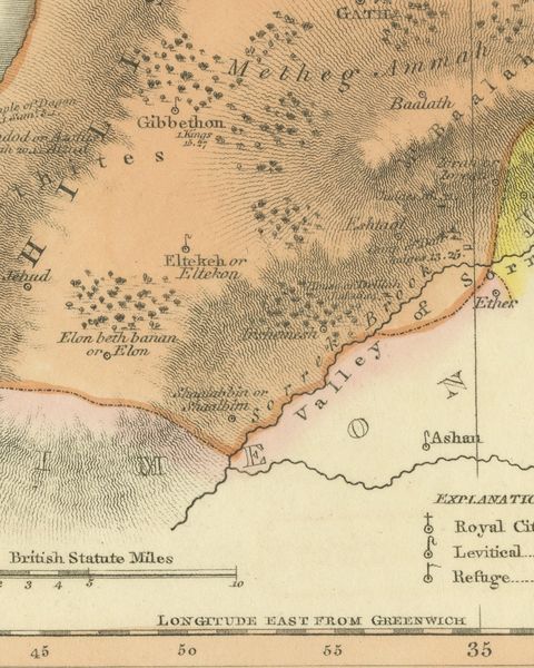 Hand-Colored Antique Map of the Tribe of Dan, James Wyld, 1823, close-up 2
