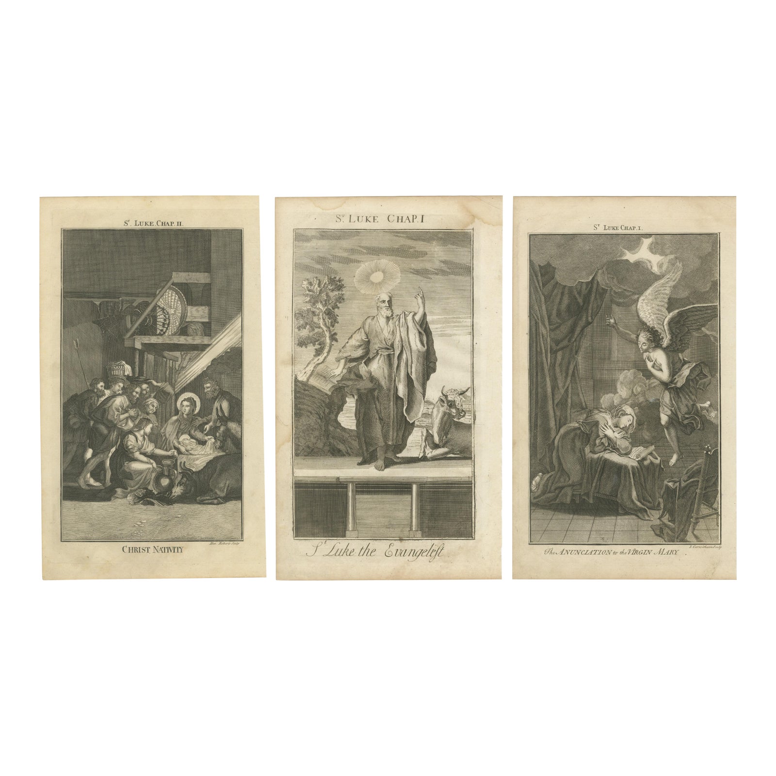 Set of Biblical Engravings, Nativity, Luke the Evangelist & Annunciation, c1735
