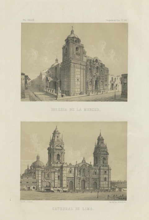 Antique lithograph views of the Cathedral and La Merced Church, Lima, 1865, close-up 5