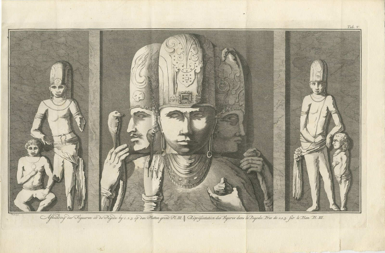 Sculptures of the Elephanta Caves at Stations 1 to 3, Antique Print, 1780