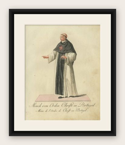 Monk of the Order of Christ in Portugal, Historic 18th-Century Engraving, shown framed