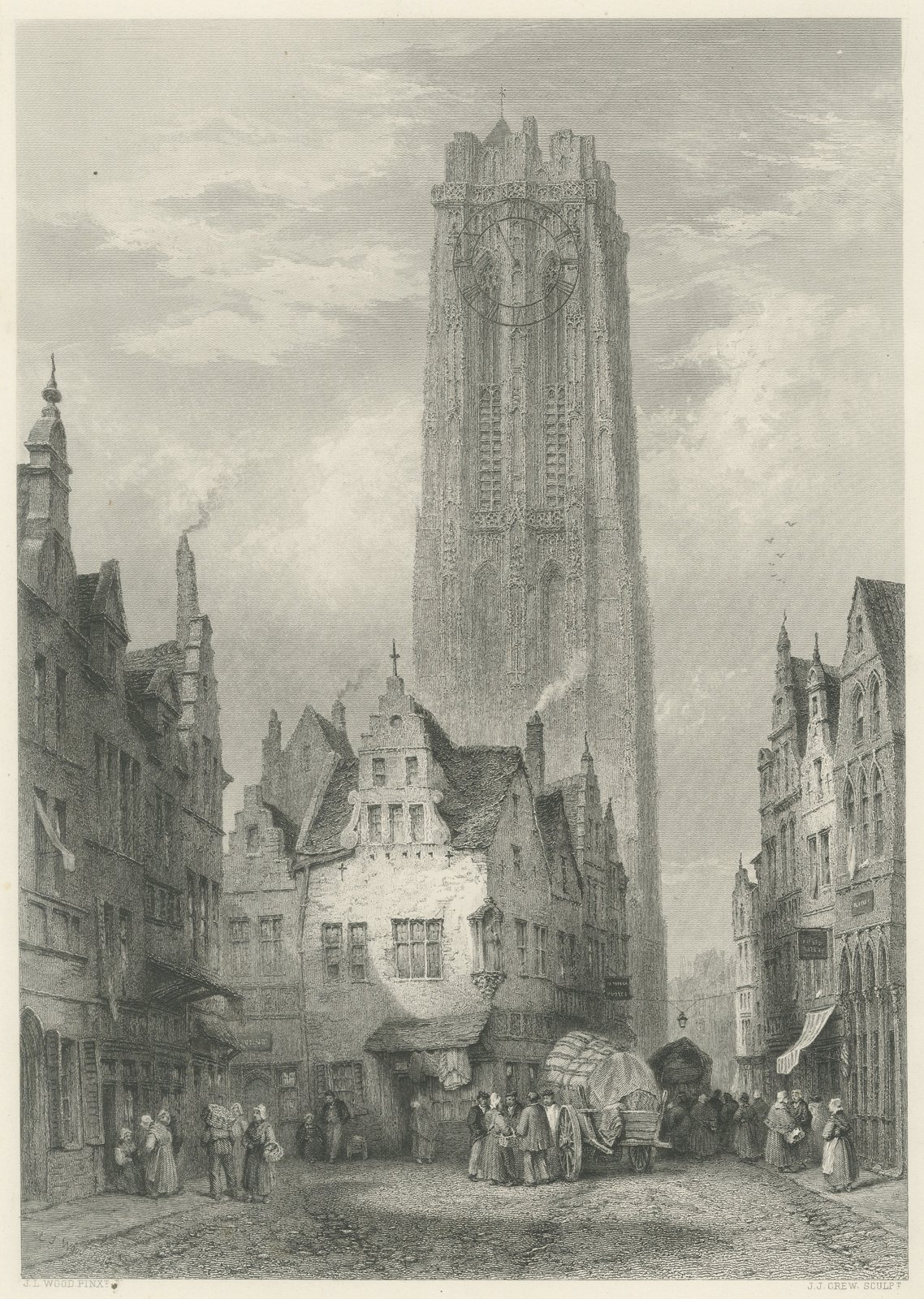 Malines Cathedral, Belgium, Antique Steel Engraving by J.J. Crew, circa 1877