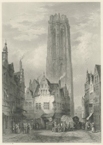 Malines Cathedral, Belgium, Antique Steel Engraving by J.J. Crew, circa 1877
