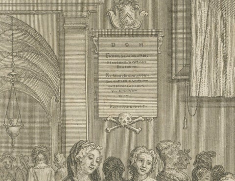 Maundy Thursday and Good Friday Rites, Old 1734 Catholic Engraving of Holy Week, close-up 2