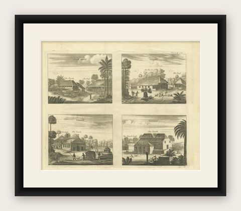 Antique Print of Various Churches on Ceylon by Churchill, 1744, shown framed