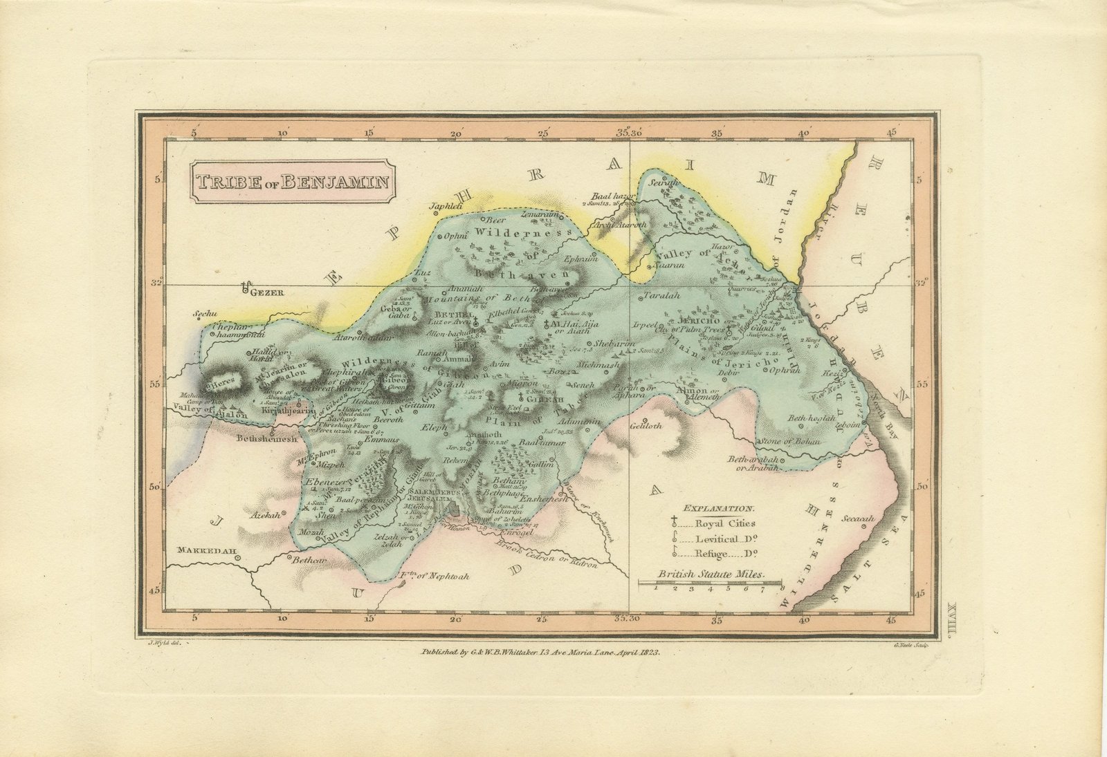 Tribe of Benjamin with Jericho and Bethel, Antique Wyld Map, 1823