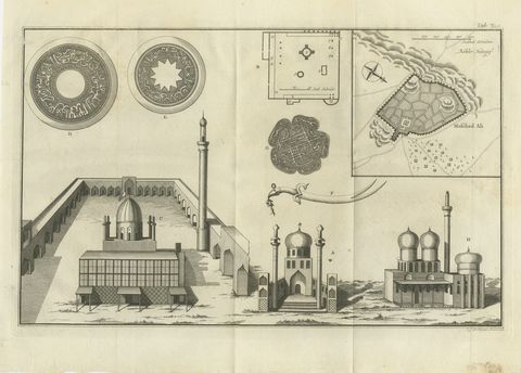 Shrine Buildings, Medallions and Plan of Mesched Ali, Niebuhr Print, 1780
