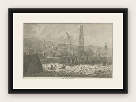 Antique Print of a Sacred Cemetery on Kauai, Hawaii, shown framed