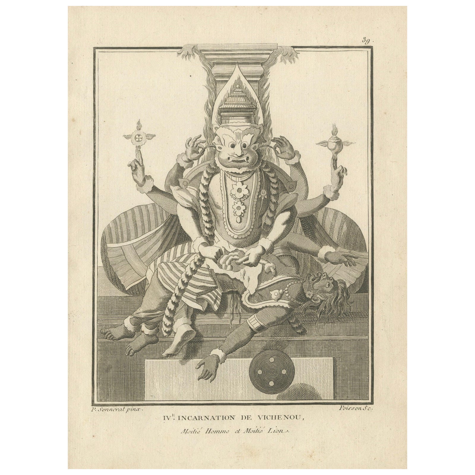 Striking 1806 Narasimha Vishnu Lion-Man Avatar Antique Print, Hindu Engraving