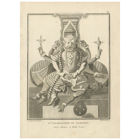 Striking 1806 Narasimha Vishnu Lion-Man Avatar Antique Print, Hindu Engraving