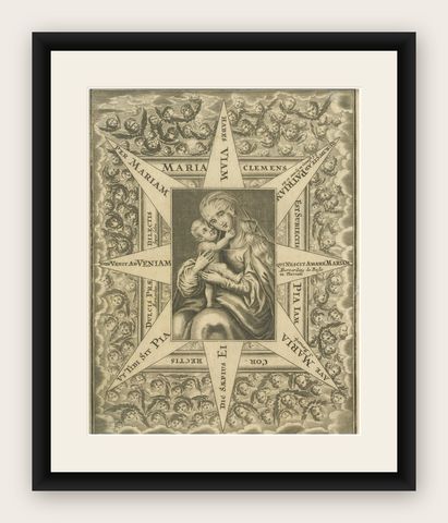Virgin Mary with Child, Baroque Devotional Engraving, Penzinger, c.1700, shown framed