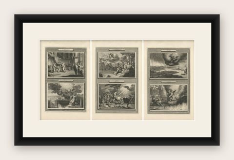 Antique Biblical Engravings, Mortier Amsterdam, Acts & Apocalypse, c.1700, shown framed