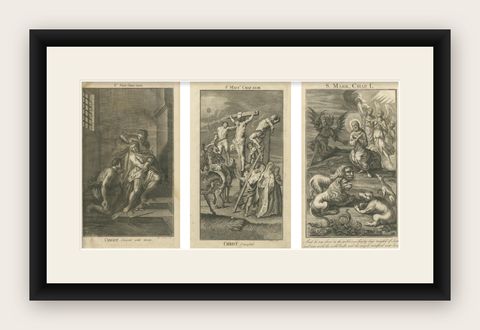 Biblical Engravings, Christ Crowned, Crucified & Tempted in the Wilderness 1735, shown framed