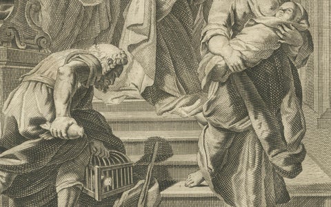 Old Biblical Engravings, Luke: Simon, Simeon’s Prophecy & Circumcision, c.1735, close-up 1