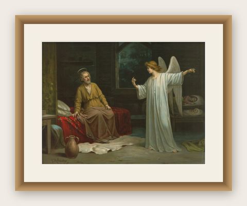 Saint Joseph Visited by an Angel, Antique German Chromolithograph c.1900, shown framed