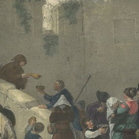 Antique Print of Travellers Halting at Convent, C.1840, close-up 3
