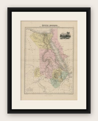Antique Map of The Nile, Egypt, Nubia and Abyssinia and Inset of Jerusalem, 1880, shown framed