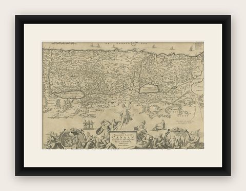 Promised Land of Canaan, Antique Map of Israel with Biblical Scenes, van Jagen, shown framed