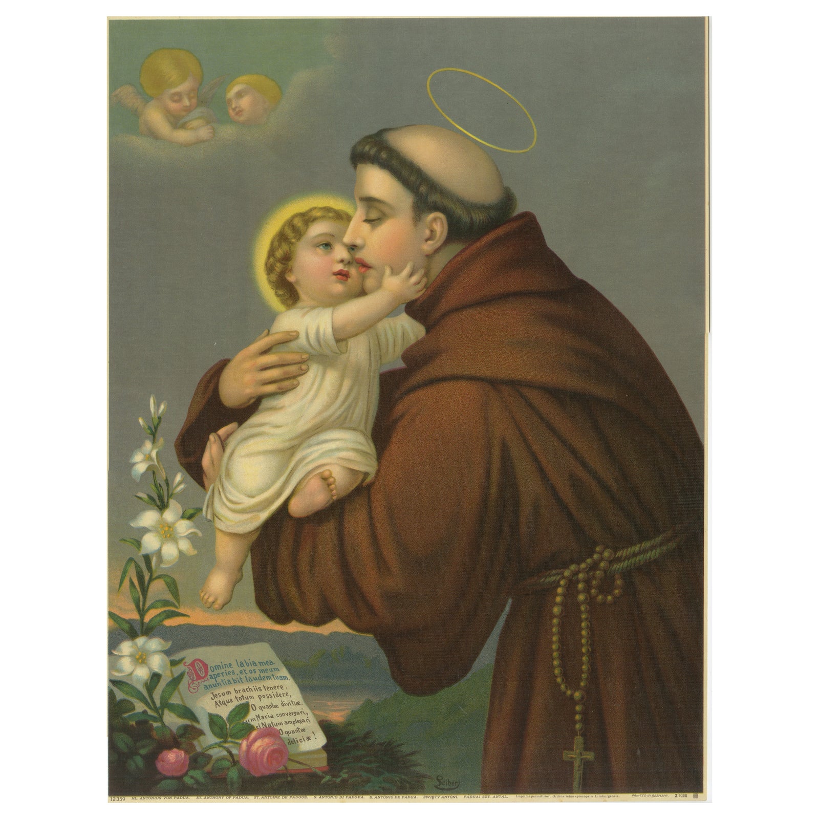 St. Anthony of Padua, c.1905 German Devotional Chromolithograph with Christ