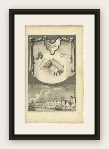 Antique Print of the Clara Monastery in Amsterdam, circa 1760, shown framed