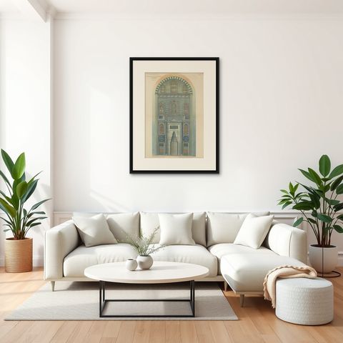 Original 1924 Ottoman Print, Mihrab of the Süleymaniye Mosque, Istanbul, shown framed in a room, true to size