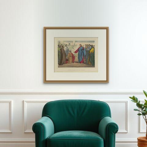 Antique Religious Print ‘No. 23’ Peter Appointed Head of the Church, circa 1840, shown framed on a wall, true to size