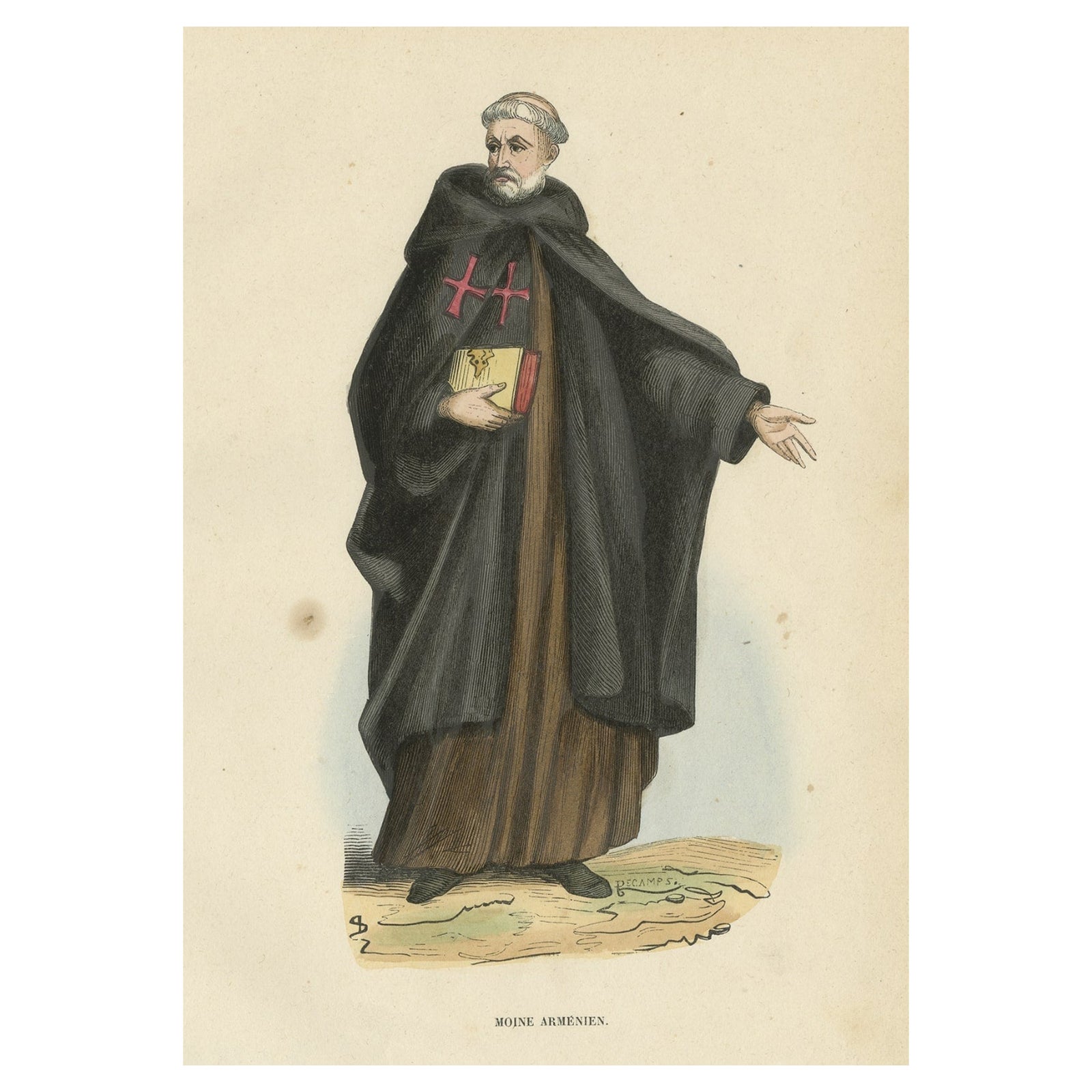 Antique Hand-Colored Print of an Armenian Monk, 1845