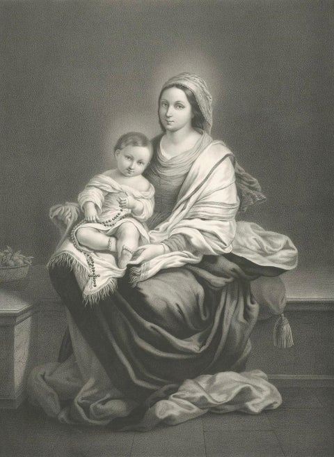 Madonna and Child with Rosary, Antique French Religious Print, c.1850, close-up 5