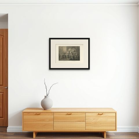 Papal Procession at St. Peter’s Basilica, Antique Lithograph, 1869, shown framed on a wall, true to size