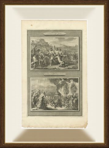 Sabbath Breaker Stoned and Korah, Dathan and Abiram, Mortier circa 1700, shown framed