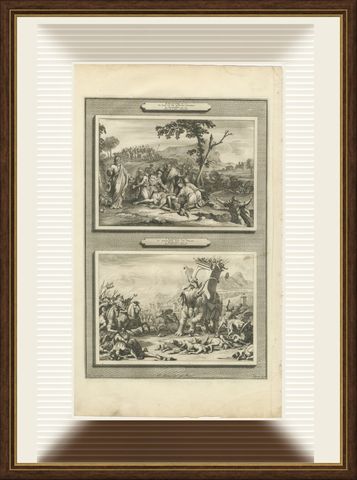 Death of Antiochus and Eleazar Slays the War Elephant, Mortier, circa 1700, shown framed
