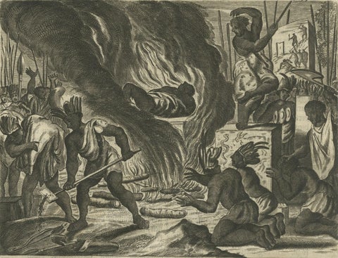 Engraving of Rituals and Cremation Ceremonies in New Spain by Montanus, 1673, close-up 1