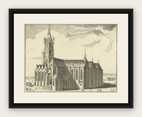 1720 Etching of St. Christopher's Cathedral in Roermond by Jacobus Harrewijn, shown framed