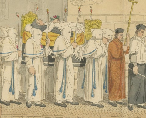 Funeral Procession in Rome with Hooded Figures and Clergy, London 1820, close-up 4
