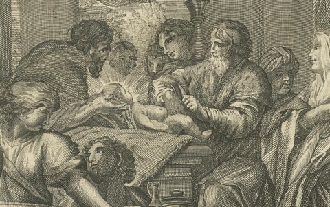 Old Biblical Engravings, Luke: Simon, Simeon’s Prophecy & Circumcision, c.1735, close-up 5