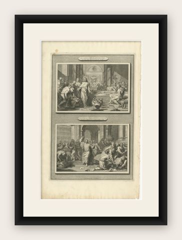 Miracles of Christ, Wedding at Cana & Cleansing of the Temple, P. Mortier, 1700, shown framed